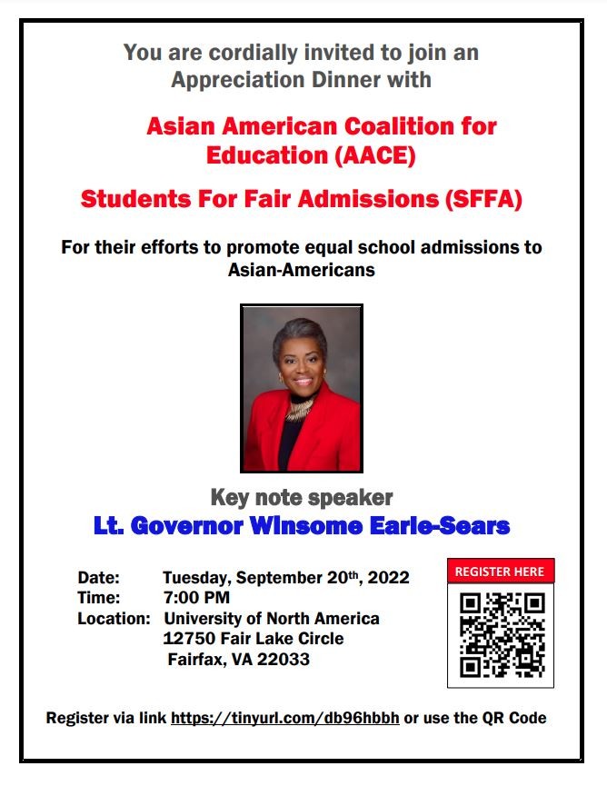Appreciation Dinner with the Asian American Coalition for Education (AACE) and the Students For Fair Admission (SFFA)